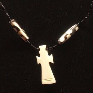 Bone Cross Pendant‎ Necklace Black Beaded Chain Tribal Boho Unisex Gothic